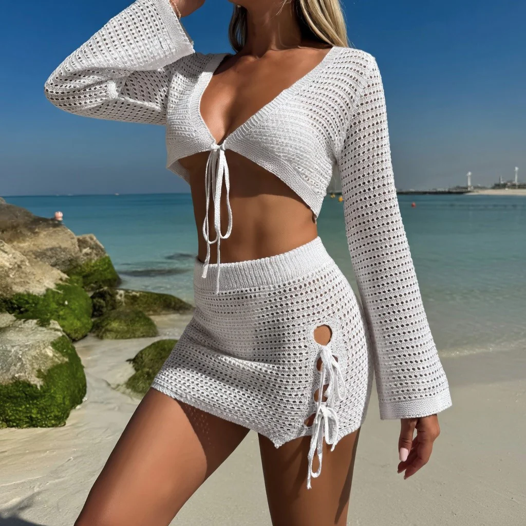 Conjunto de Dos Piezas Crochet Cover Up Playa con Falda Mini - Imagen 5