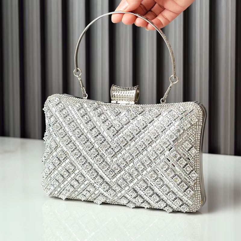 Bolso Clutch con Cuentas de Cristal para Noche  Plateado