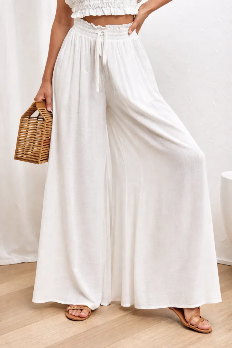 Pantalones Ibicencos Blancos Anchos con Cintura Elástica - Imagen 3
