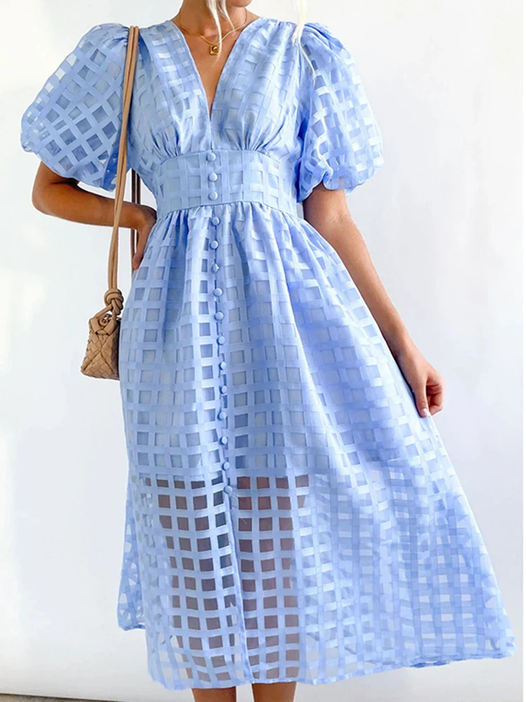 Vestido Ibicenco de Transparencias con Escote en V, Detalle de Calado y Mangas Abullonadas - Imagen 8