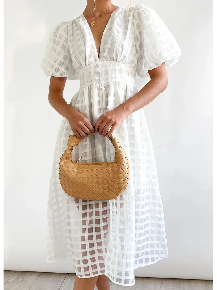 Vestido Ibicenco de Transparencias con Escote en V, Detalle de Calado y Mangas Abullonadas - Imagen 2