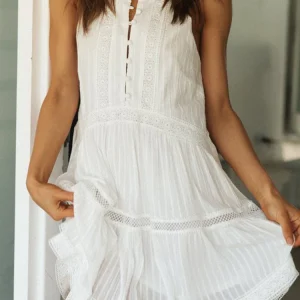 Vestido Ibicenco de Encaje Blanco, Sin Mangas, Silueta Suelta, Estilo Mini
