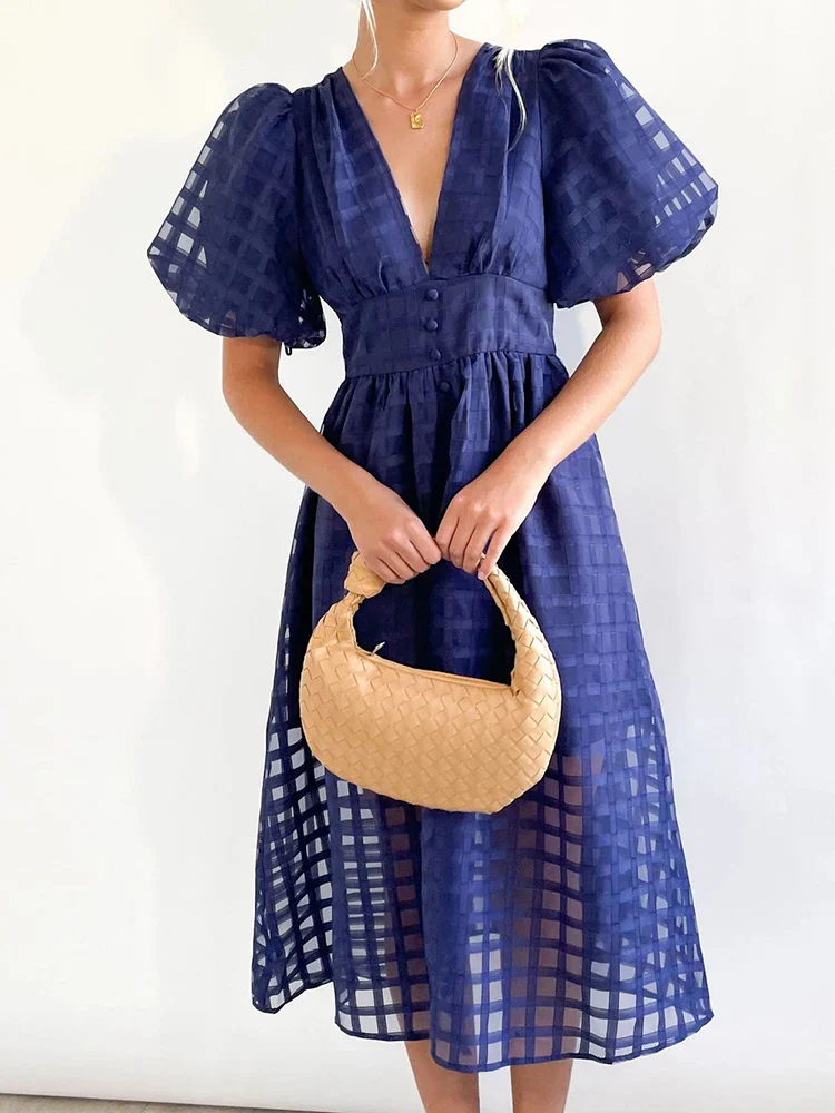 Vestido Ibicenco de Transparencias con Escote en V, Detalle de Calado y Mangas Abullonadas - Imagen 9