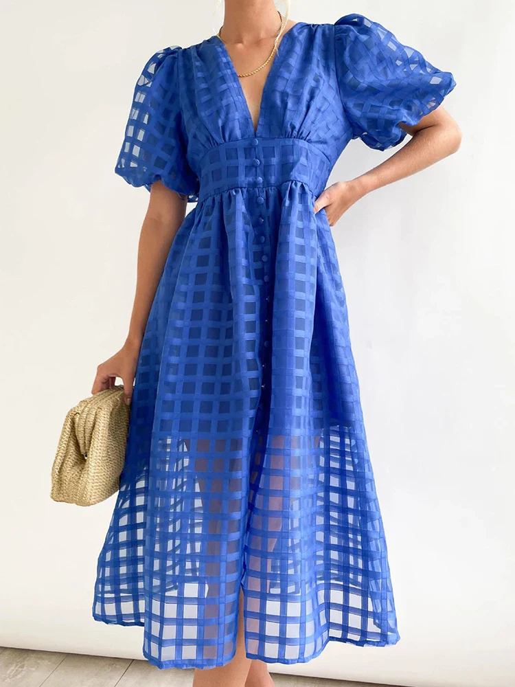 Vestido Ibicenco de Transparencias con Escote en V, Detalle de Calado y Mangas Abullonadas - Imagen 7