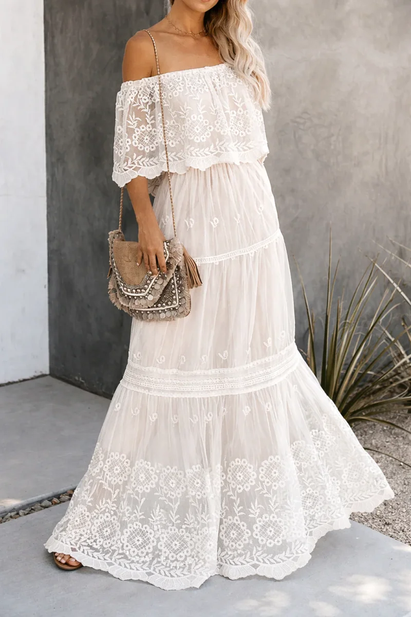 Vestido Ibicenco Blanco Largo a Cintura Alta - Imagen 2