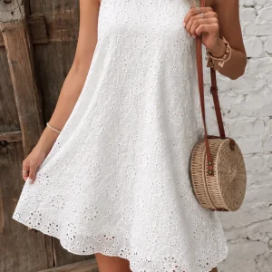 Vestido Ibicenco Blanco de Encaje, Sin Mangas, Casual, Corto y Silueta en A