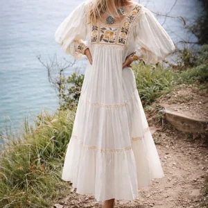 Vestido Ibicenco Boho Maxi Bordado Floral con Mangas de Farol