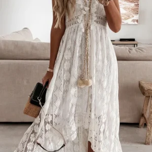 Vestido Ibicenco Boho de Encaje con Escote en V y Detalles Artesanales