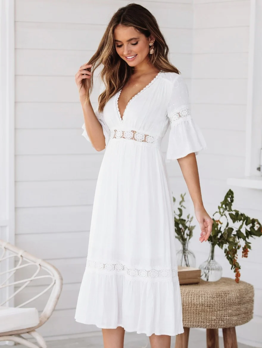 Vestido Ibicenco Largo Blanco Boho con Calado y Cuello en V - Imagen 3