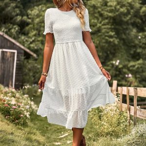 Vestido Ibicenco Midi Boho con Cintura Alta y Volantes
