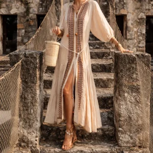 Vestido Ibicenco Retro Bordado Largo con Detalles de Borlas