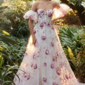 Vestido estampado de organza con manga puff A&L A1133