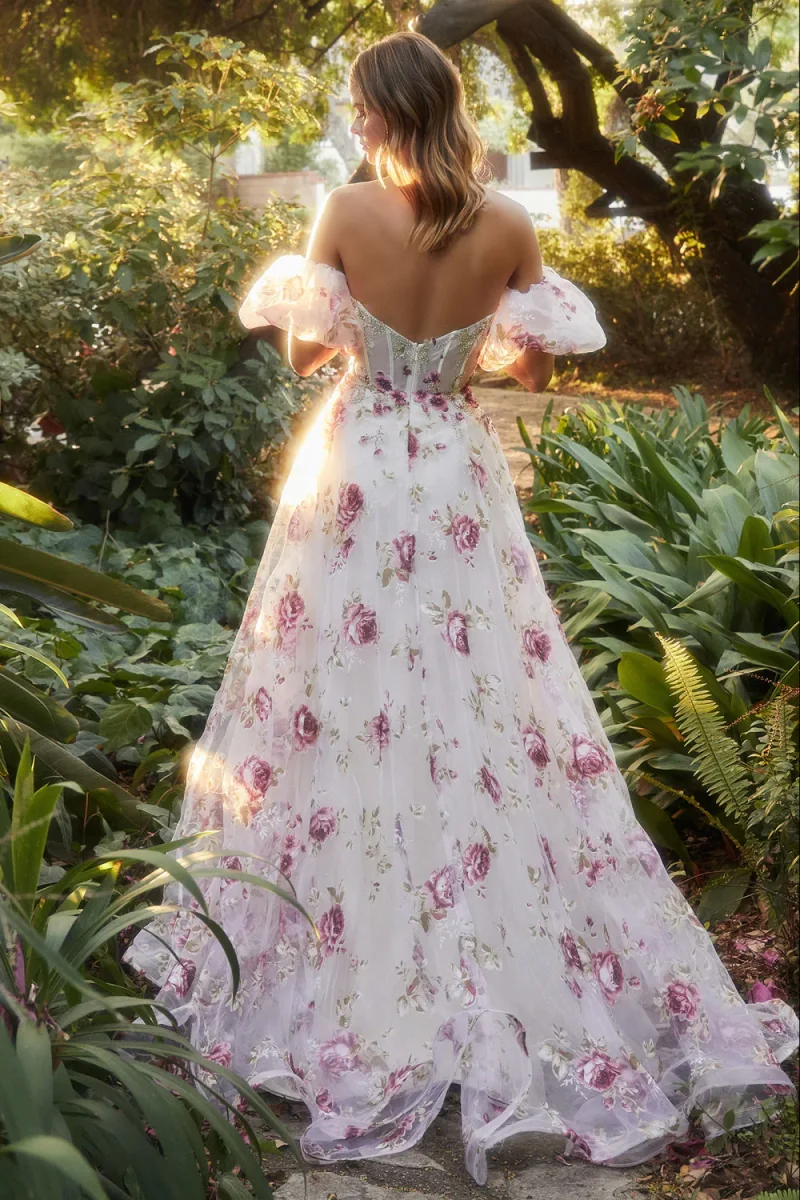 Vestido estampado de organza con manga puff A&L A1133 - Imagen 4