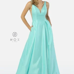 Vestido Largo de Tafetán con Cuello en V de Nox Anabel E156